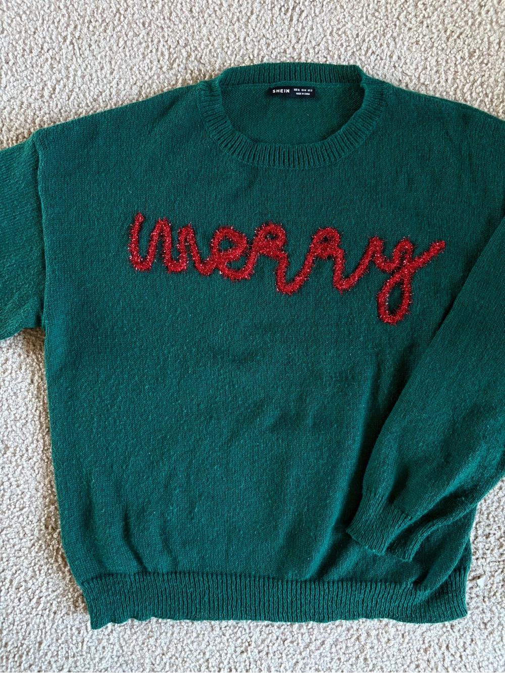 SHEIN Holiday Green 'Merry' Embroidered Crewneck Sweater